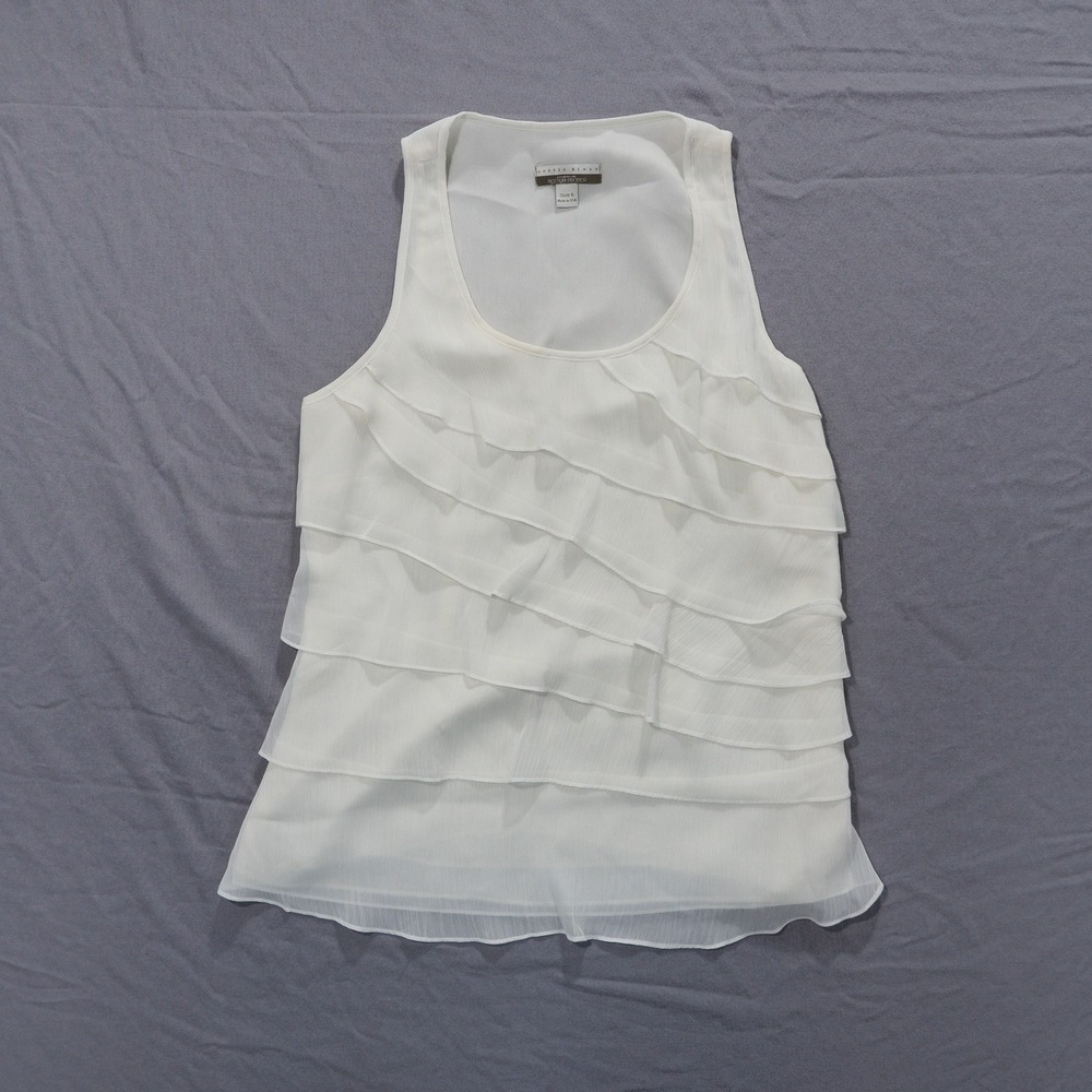 Andrea Behar Tank Top Womens 6 White Tiered Ruffle Chiffon Sleeveless Blouse USA